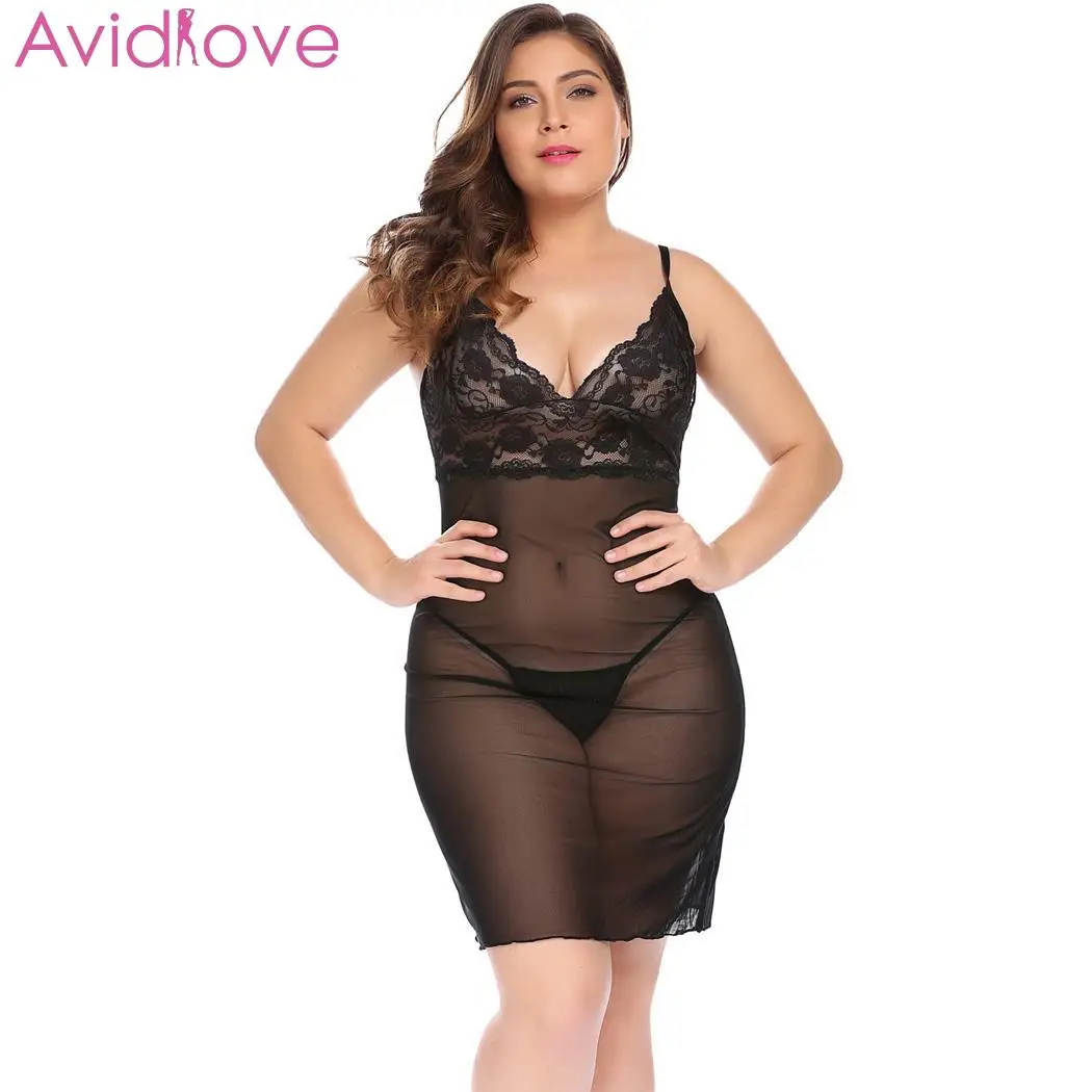 Avidlove, женское сексуальное нижнее белье большого размера, костюмы, женское белье, Babydoll, сексуальный комплект с прозрачными стрингами - Цвет: Black