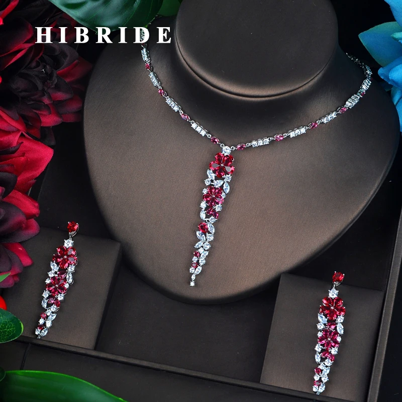 

HIBRIDE Sparkling Dubai Full Cubic Zircon Jewelry Sets For Women Wedding Accessories Long Pendientes Mujer Moda N-696