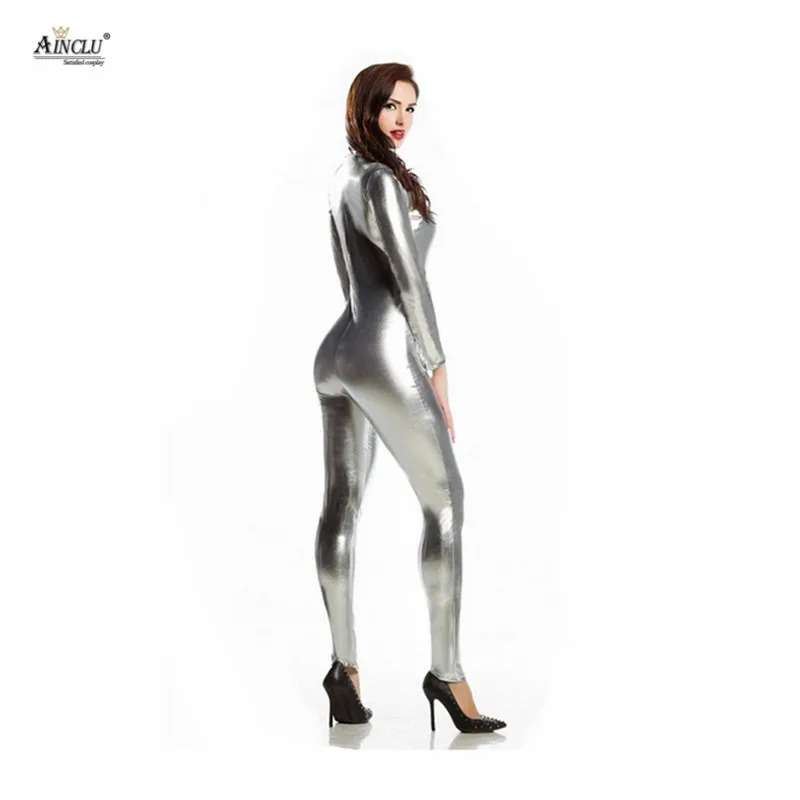 Ainclu комбидресс из спандекса блестящий сексуальный Серебряный Zentai для взрослых и