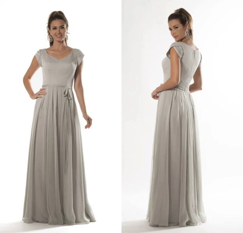 Silver Grey Long Modest Bridesmaid Dresses 2019 With Cap Sleeves A-line Floor Length Beach Country Chiffon Wedding Party Dress | Свадьбы и