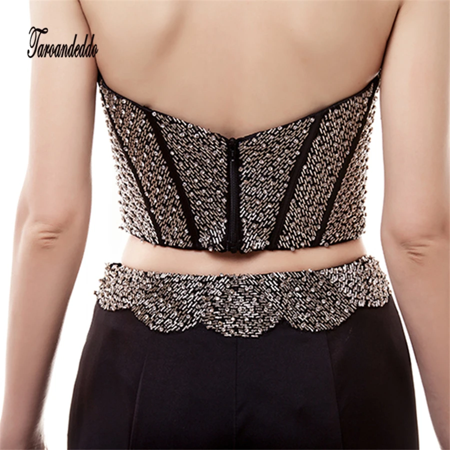 Бисером Выпускные платья черные атласные вечерние Двойка рукавов Длинные