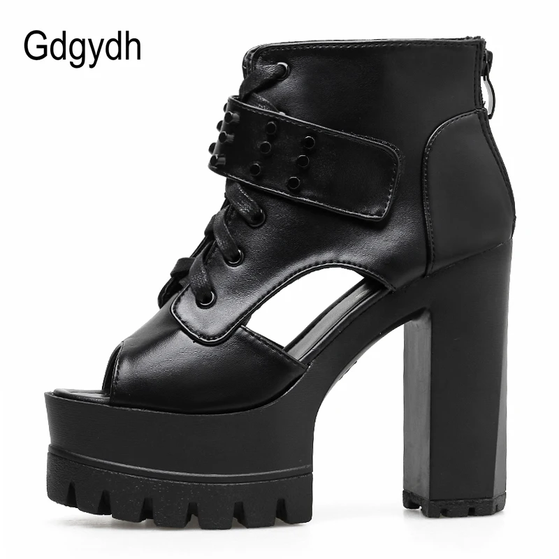 Gdgydh/Модные женские ботильоны с заклепками; коллекция года; сезон весна-лето; летние туфли на шнуровке с открытым носком; женская черная кожаная обувь в стиле панк; Лидер продаж