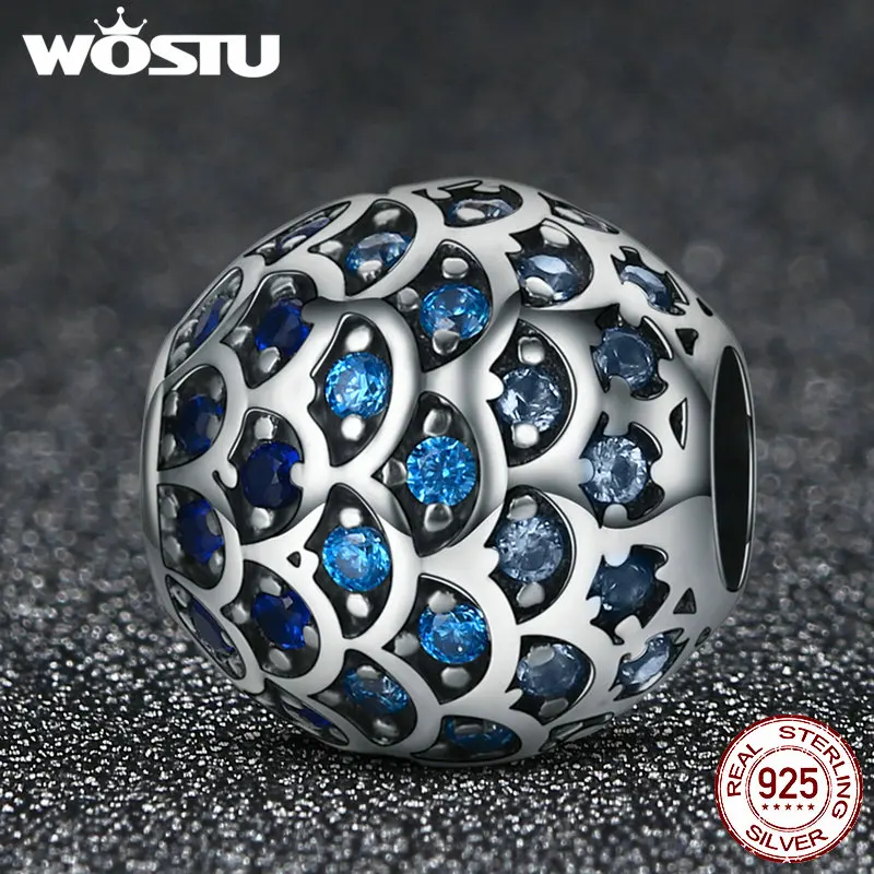 WOSTU настоящая 925 пробы Серебряная Дочь моря синие Бусины CZ подходят к