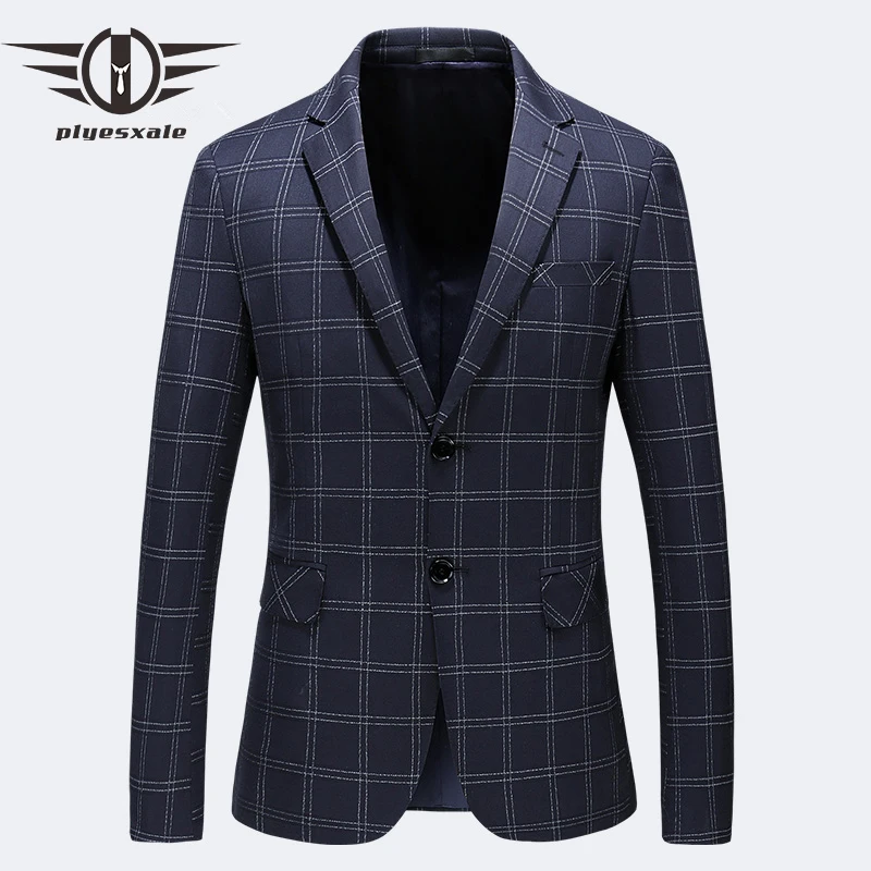Темно синие клетчатый Блейзер Для мужчин 2019 Slim Fit две пуговицы s Повседневное