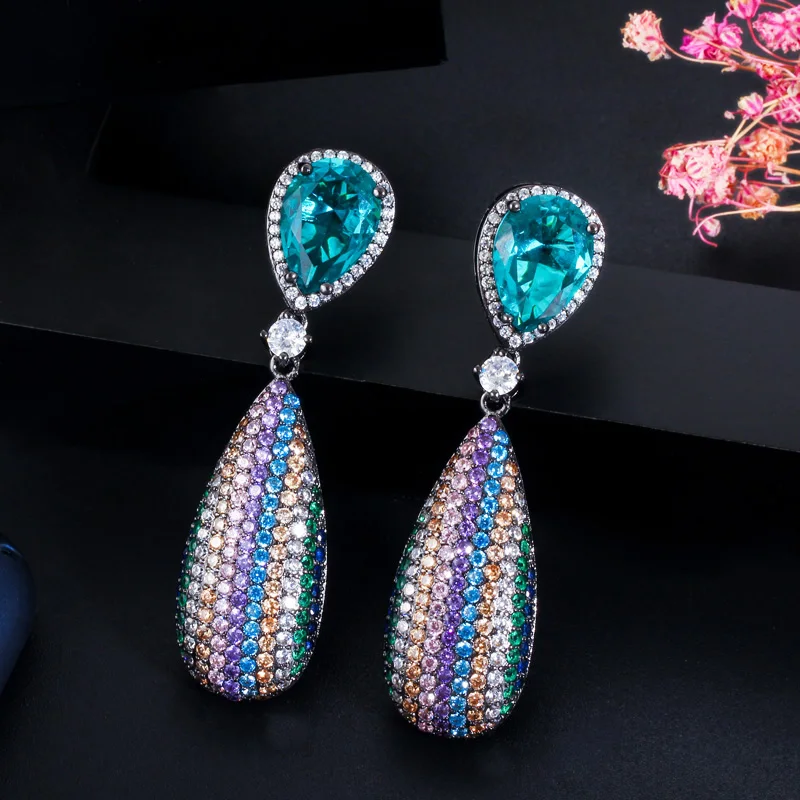 CWWZircons Micro Pave кубический цирконий камень длинные висячие капли радуга цвет обручение серьги на свадебную вечеринку для женщин CZ567
