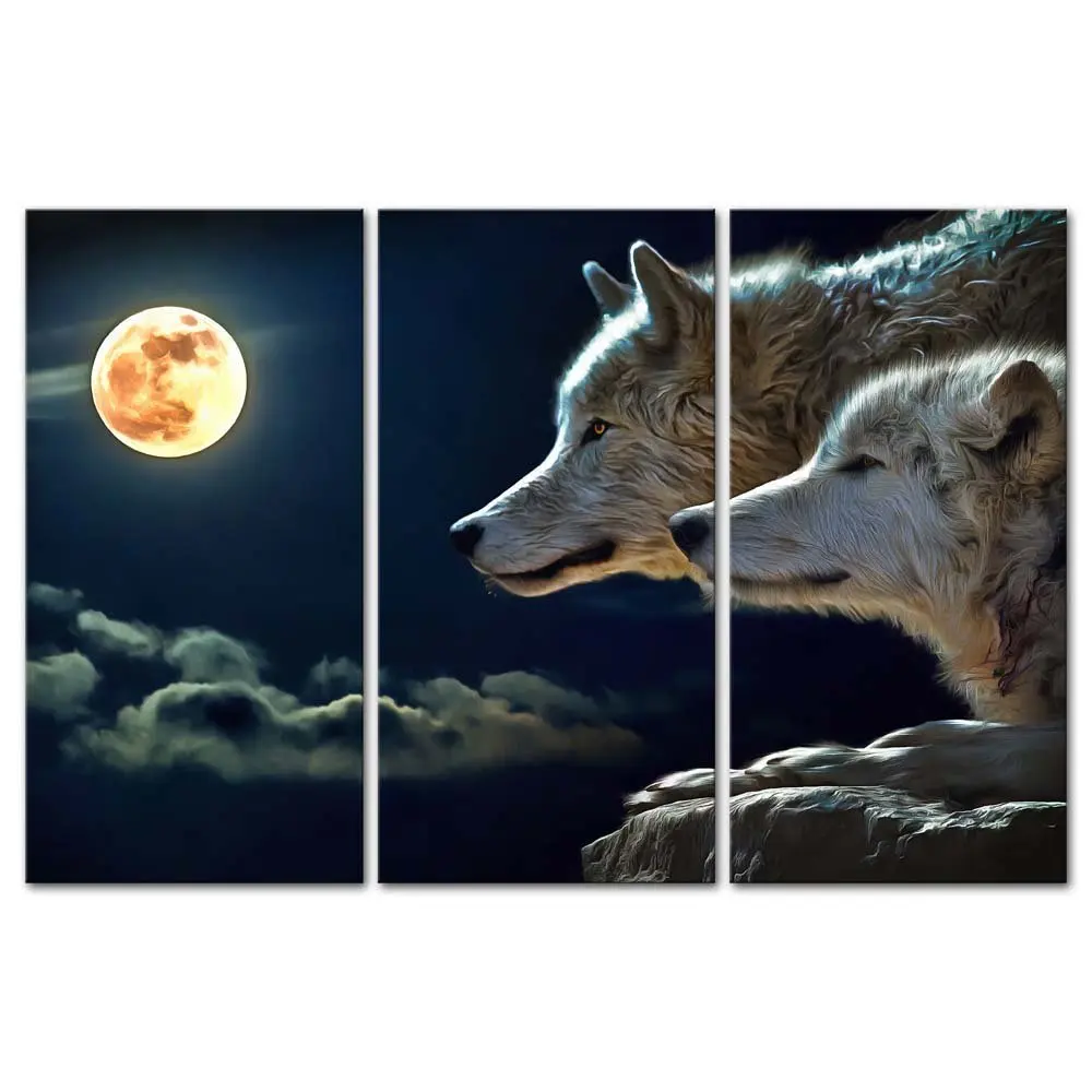

3 Pieces Modern Canvas Painting Wall Art The Picture For Home Decoration Wolf In White And Golden Fur At Full Moon Night Animal