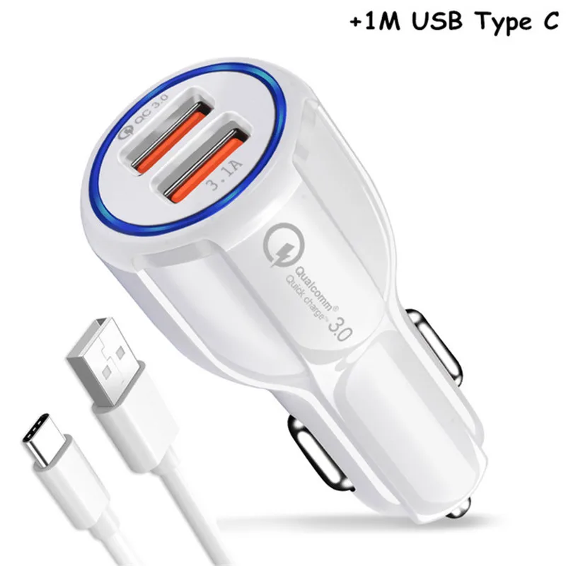 Type C White 3.1A USB Автомобильное зарядное устройство Быстрая зарядка QC 3,0 2 порта двойной USB кабель для быстрой зарядки для samsung Galaxy A10 M10 A30 A40 A50 A60 A70 M30 - Тип штекера: Type C White