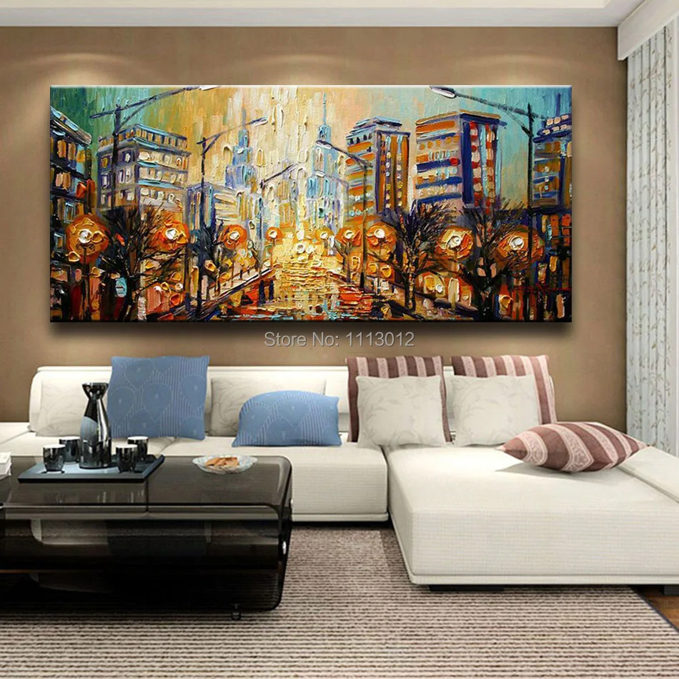 Large 3D City Palette Knife Oil Painting Modern Landscape Abstract Home Wall Art Decor Pictures Set Rain Street Road On Canvas | Дом и сад