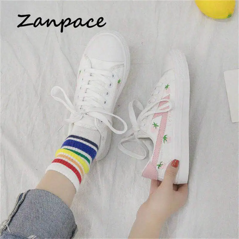 Новинка 2019 парусиновая обувь повседневная женская белого цвета с фруктами на