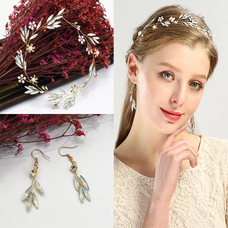

Luxury Leaf Flower Opal Crystal Pearl Heabands & Earrings Sets for Bridal Headdress Wedding Engagement Party Jewelry Sets