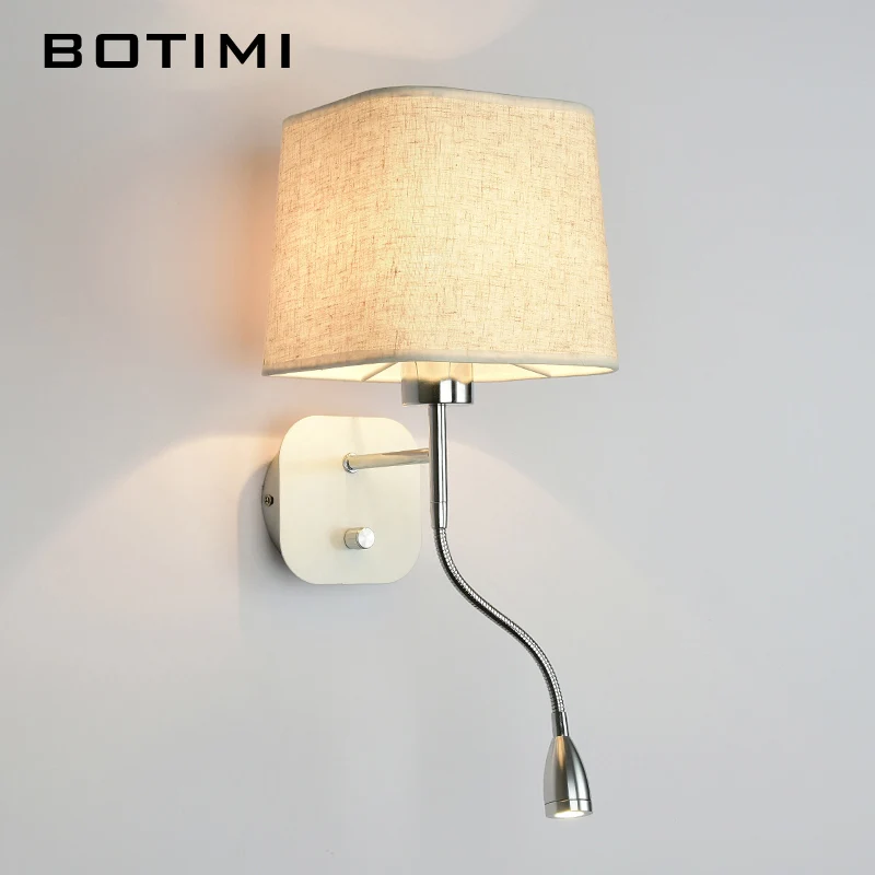 A Metal Base BOTIMI светодиодный настенный светильник для гостиной, прикроватный настенный светильник с тканевым абажуром E27, светильник для чтения на кровать, домашнее освещение - Цвет абажура: A Metal Base