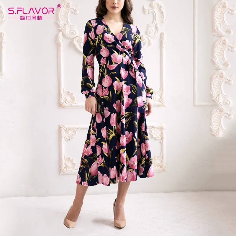 S.FLAVOR Flowers Printed Women Dress Elegant V neck Sexy Party Vestidos De Festa Autumn Winter Casual Dresses|Женские платья| |