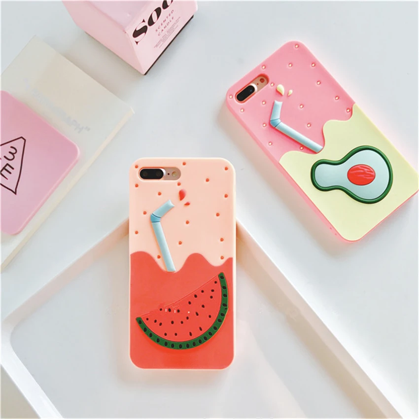3D Carnoon банан арбуз напитки телефонные чехлы для iPhone 6 6S Plus фрукты сок Мягкая