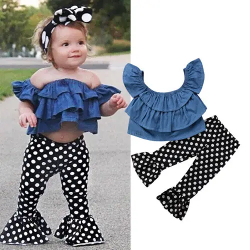 2Pcs Toddler Baby Girl Princess Summer Clothing Sets Kids Girls Ruffles Denim Blouse Top Romper+Pants Sunsuit Set | Мать и ребенок