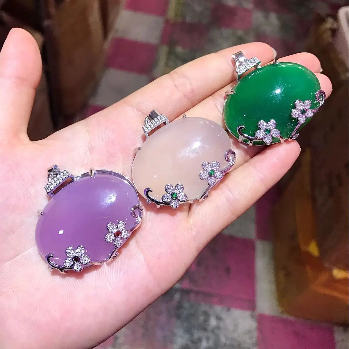 Pure Natural Ice Green Chalcedony 925 Sterling Silver Inlay Flowers Agate Pendant Necklace Sweater Chain Jewelry Gift Wholesale | Украшения