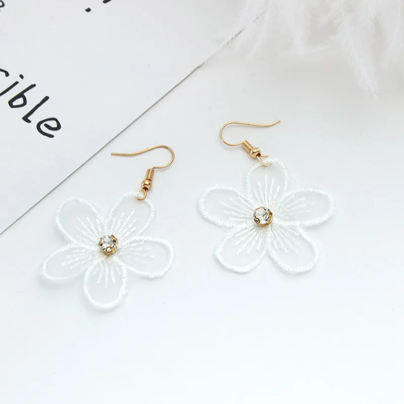 New Summer Flowers White with Rhinestones Chiffon Lace Long Dangle Earrings Big Drop for Women Jewelry Fashion | Украшения и