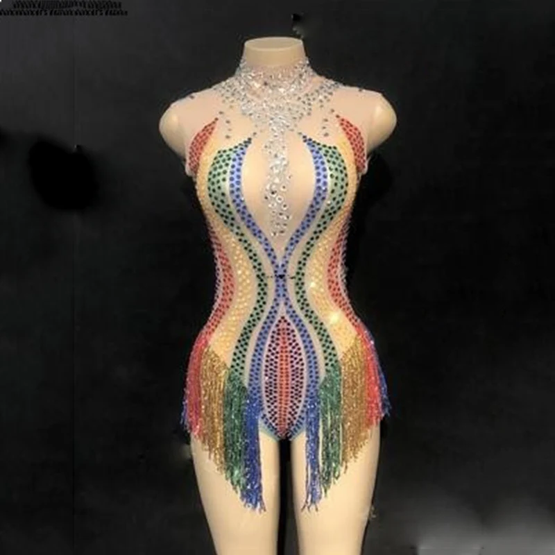rhinestone bodysuit Цветной прозрачный сетчатый комбинезон с кисточками и кристаллами для певицы, танцовщицы, сексуальный костюм, цельное боди, платье для ночного клуба - Цвет: rhinestone bodysuit