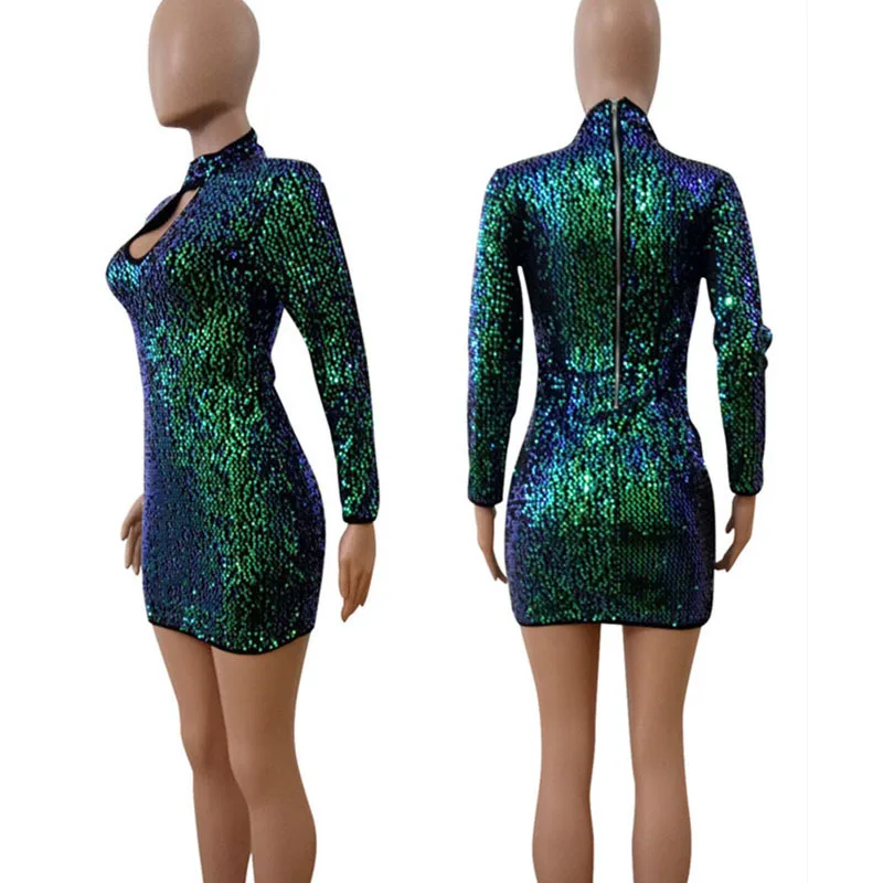 Зеленый блесток блестками платье одежда женские ropa mujer женская одежда sukienka vestidos de festa jurken Короткие платья Длинные рукава - Цвет: Зеленый