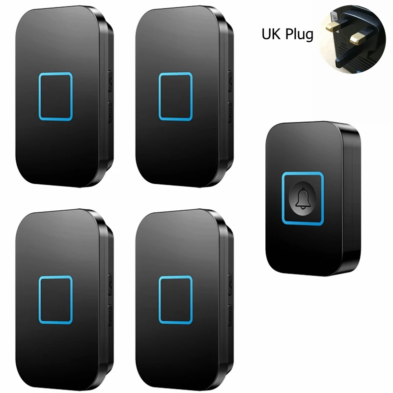 black 1x4 UK Умный беспроводной дверной звонок Водонепроницаемый 1 Кнопка 4 приемника 300 м Пульт дистанционного управления США ЕС Великобритания AU вилка Умный домашний светодиодный светильник дверной Звонок - Цвет: black 1x4 UK