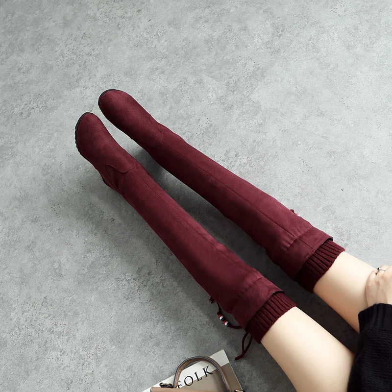 Фото Женские сапоги выше колена из флока на шнуровке высоком каблуке - купить