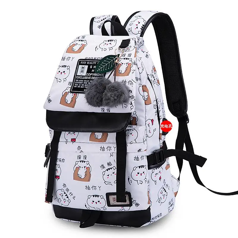 white face bag Модный женский рюкзак с помпоном и подвеской для ноутбука, женская сумка через плечо, школьная сумка для девочек-подростков, рюкзак - Цвет: white face bag