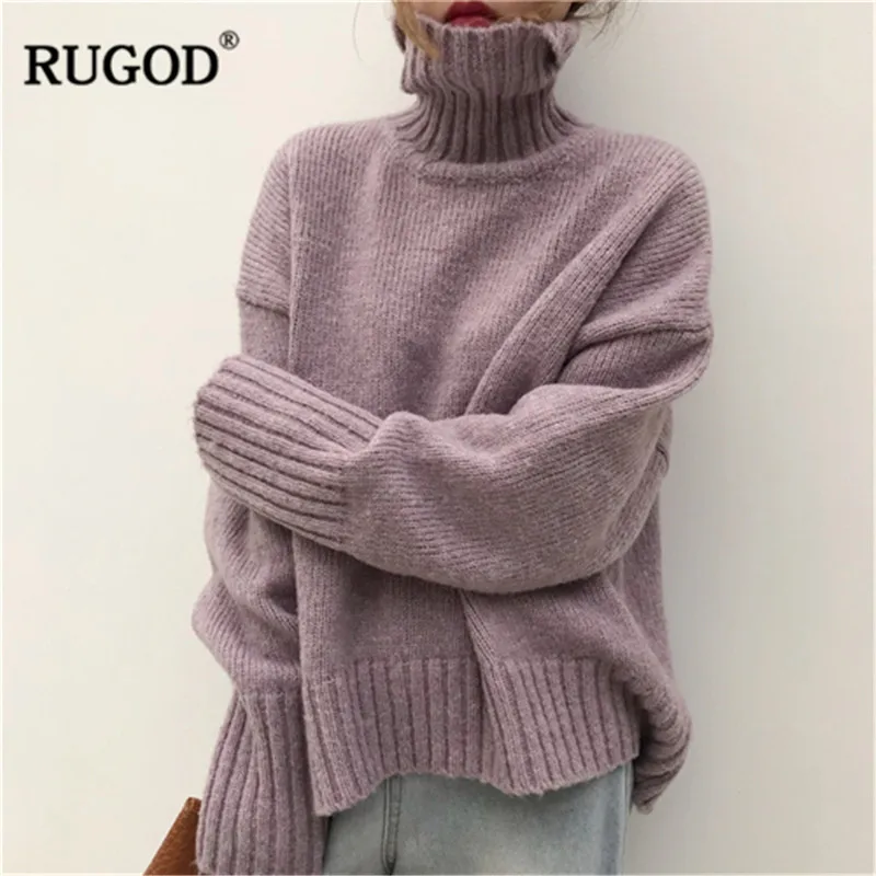 Женский однотонный вязаный свитер RUGOD Повседневный пуловер оверсайз с высоким