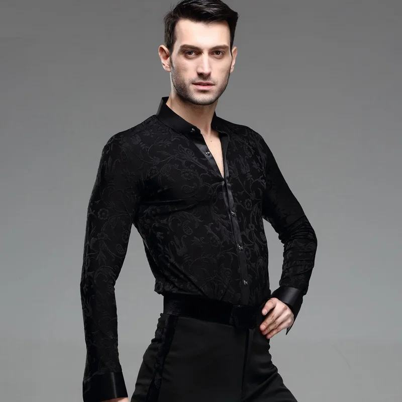 Men's Dancing Shirt Adult Black Long Sleeved Male Dance Modern Latin Costume Rumba Samba B-4236 | Тематическая одежда и