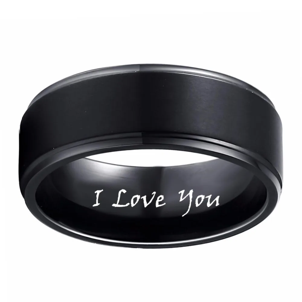 

8mm Black Pure Titanium Wedding Band Ring Engraved "I Love You" Men Women Step Down Edges Brushed Finish US Size 9 10 11