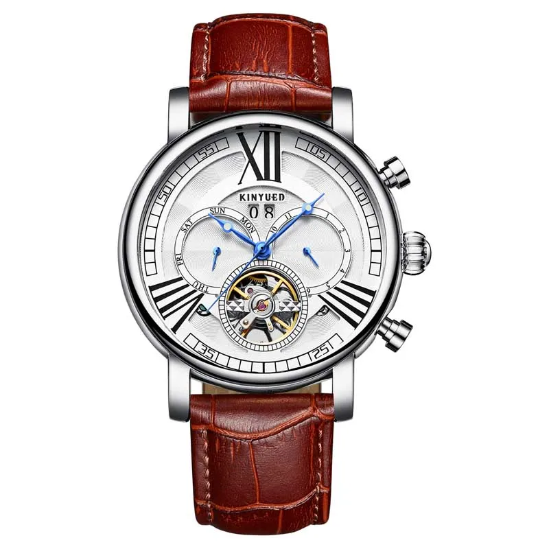 Silver White Brown KINYUED модные брендовые автоматические часы мужские механические деловые часы вечный календарь армейские военные мужские часы reloj hombre - Цвет: Silver White Brown