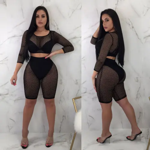  New Womens Ladies Long Sleeve See Through Gauze 2Pcs Crop Top Shorts Set | Тематическая одежда и униформа