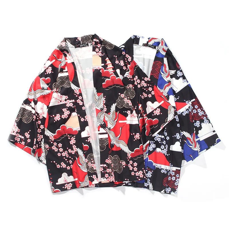Летняя мужская Повседневная рубашка с принтом журавля сакуры кимоно в японском