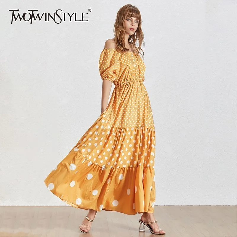 TWOTWINSTYLE летнее платье в горошек для женщин с вырезом лодочкой пышными рукавами