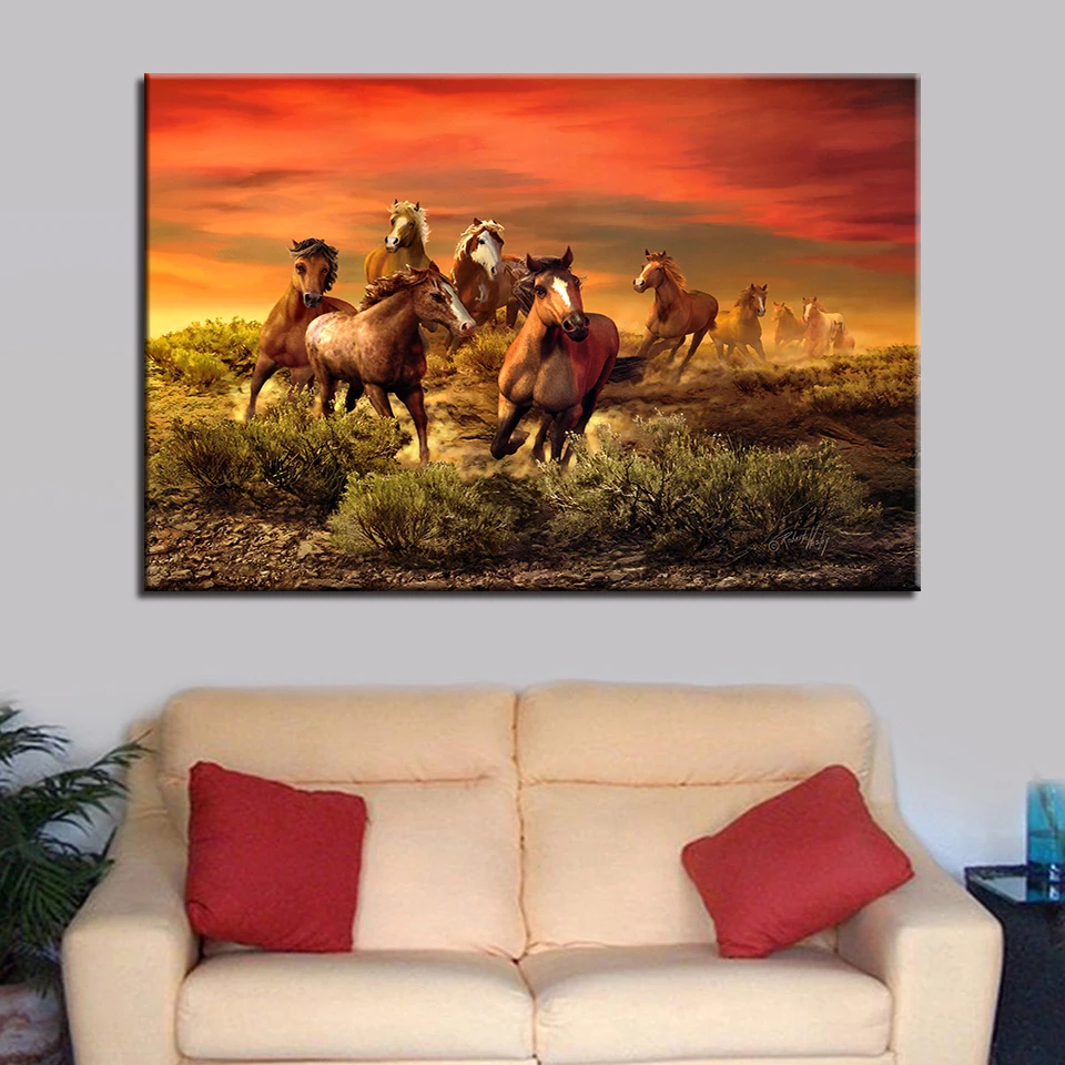 Холст картины Wall Art Home Decor HD печатает рамки 1 Piece/Pcs закат бег лошадей для гостиной