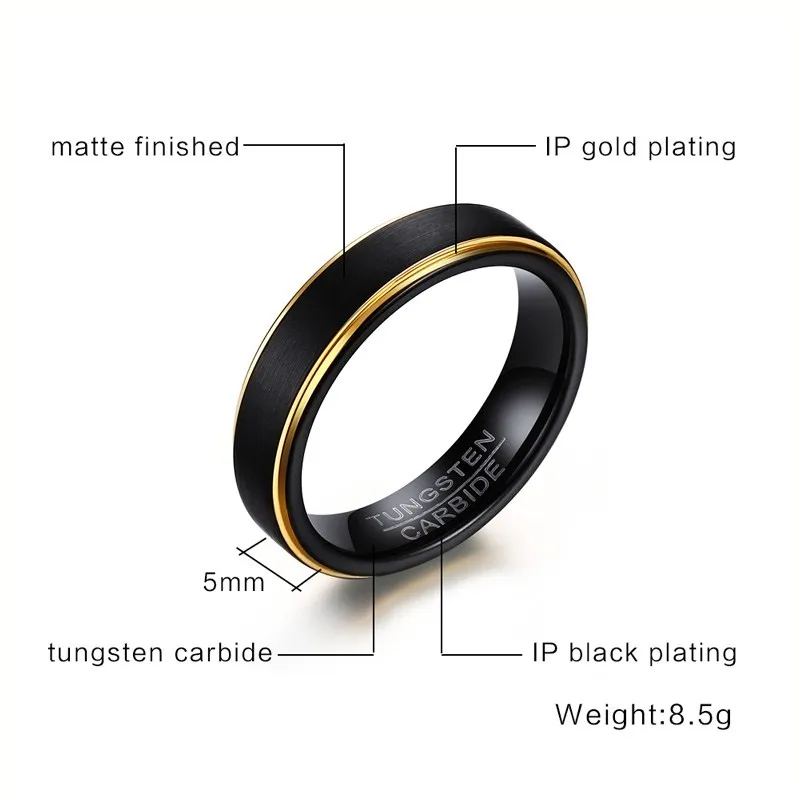 Vnox Black Tungsten Rings for Men 5MM Thin Gold-color Wedding Male Jewelry | Украшения и аксессуары