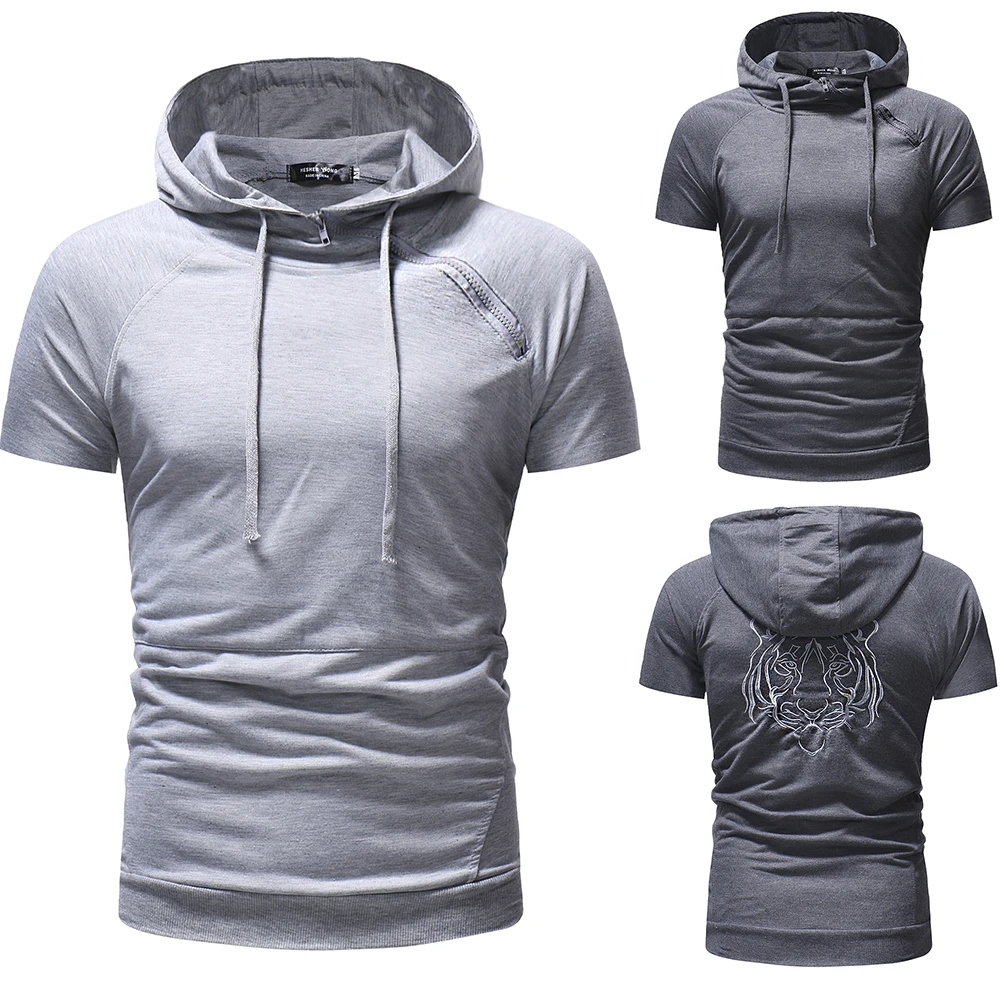 Футболка с вышивкой головы тигра Мужская футболка капюшоном и коротким рукавом