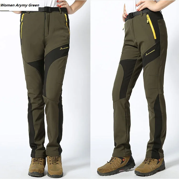 Women Army Green Мужские зимние уличные водонепроницаемые походные брюки Женские ветрозащитные термо флисовые софтшелл походные лыжные походные альпинистские брюки - Цвет: Women Army Green