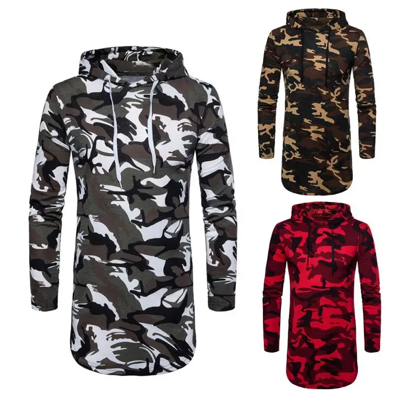 Модные Для мужчин Удлиненные худи High Street Camo с капюшоном Мышцы топы длинным