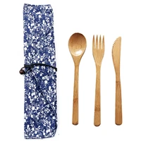 3pcsset natural travel bamboo cutlery set with cloth bag kitchen cooking tools