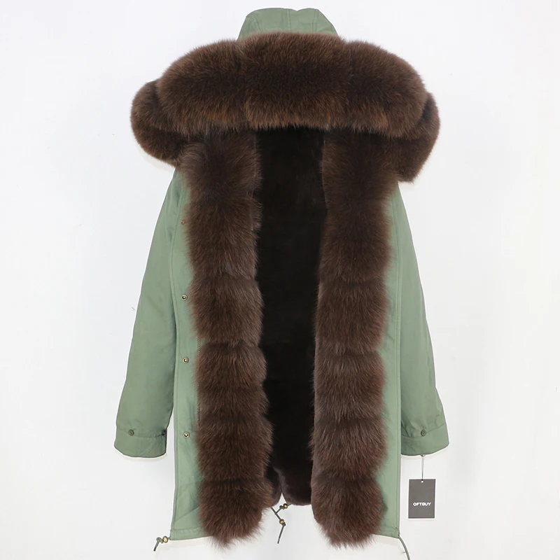 green dark brown Зимняя женская куртка на каждый день шуба из натурального Лисьего меха длинная парка с капюшоном из натурального Лисьего меха брендовая парка Толстая теплая уличная одежда со съемным капюшоном - Цвет: green dark brown
