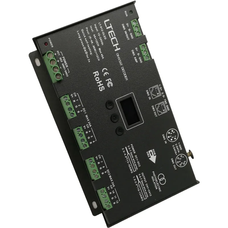 LT-912-O светодиодный DMX512 Декодер контроллер; DC12-24V вход; 4A* 12CH 12 канальный выход RGB/RGBW светодиодный контроллер полосы XLR-3/RJ45