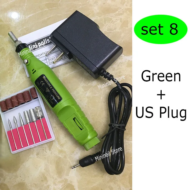 Green - US Plug Мини ногтей Мощность сверло Набор 6 бит профессиональных электродрели Маникюр Стайлинг Книги по искусству инструмент подачи педикюр формирование Средства ухода за кожей стоп Средства ухода за мотоциклом код - Цвет: Green - US Plug