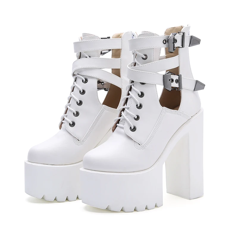 Женские ботильоны на высокой платформе кожаные ботинки со шнуровкой высоком