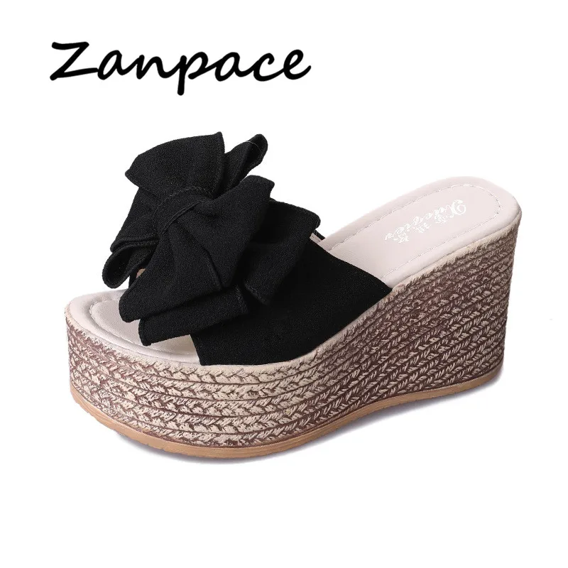 Шлепанцы женские из флока высокий каблук 9 см сланцы сандалии на танкетке с