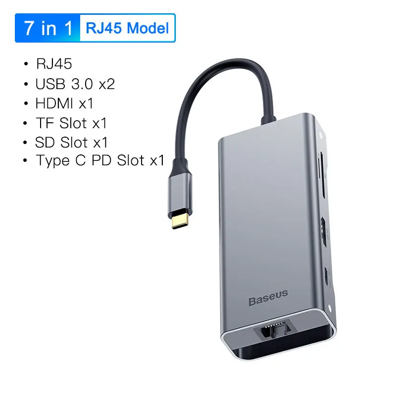 7 in 1 USB C HUB Baseus Мульти USB C концентратор для HDMI USB 3,0 SD TF кард-ридер VGA адаптер USB разветвитель для MacBook Pro Air type C зарядка USB C док-станция - Цвет: 7 in 1 USB C HUB
