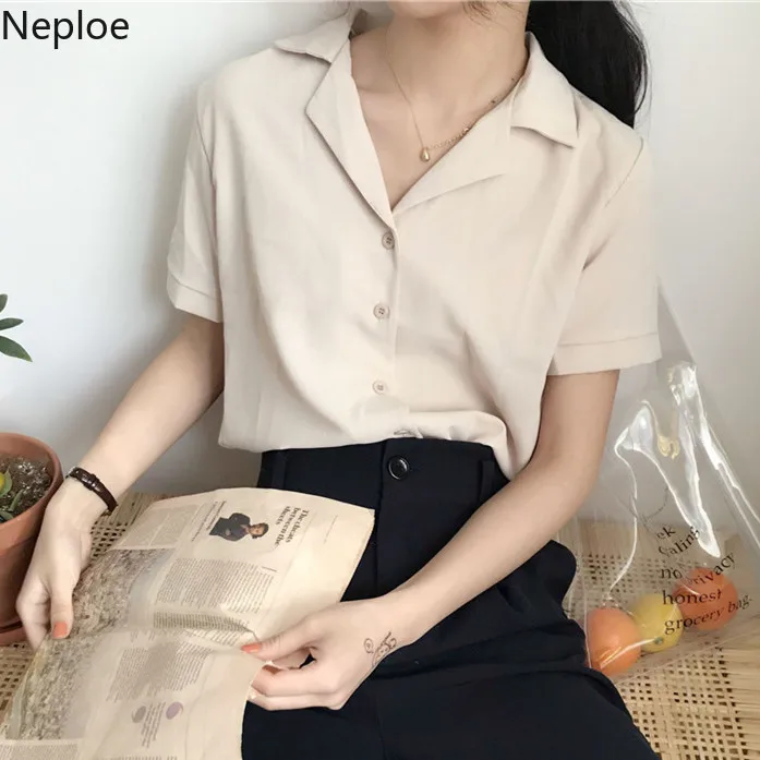 Женская рубашка Neploe с коротким рукавом корейская мода однотонная шифоновая