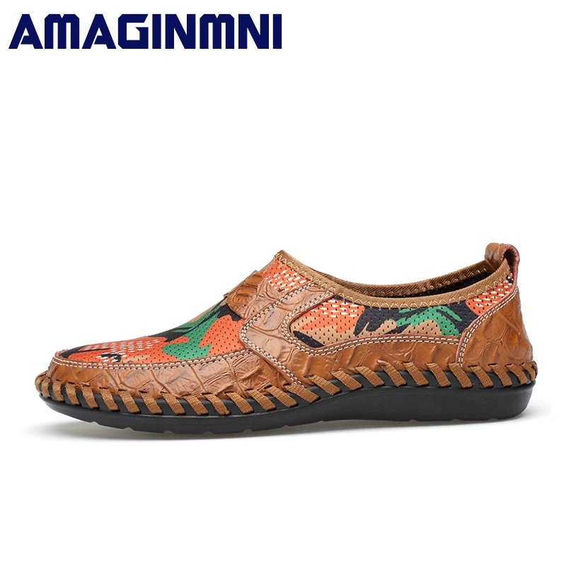 AMAGINMNI Summer Breathable Mesh Shoes Mens Casual Genuine Leather Slip On Brand Fashion Man Soft Comfortable | Обувь