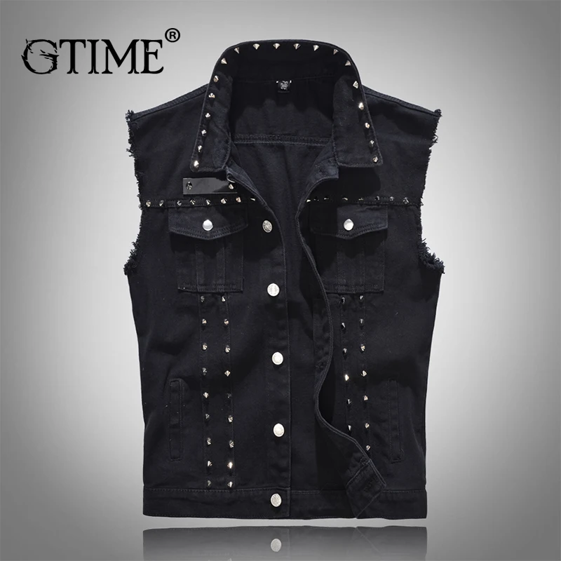 Прямая поставка GTIME мужской черный джинсовый жилет классная заклепка уличная