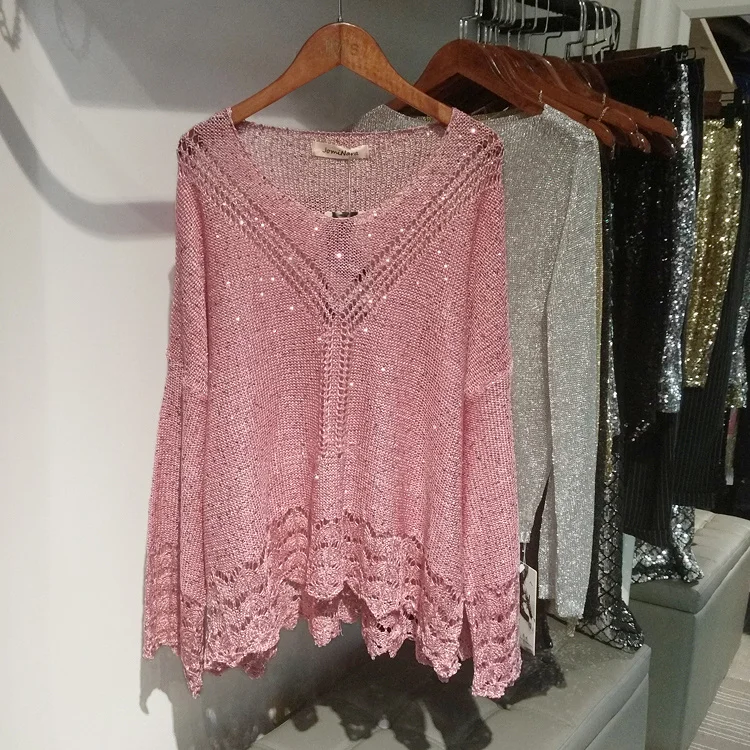 Женский трикотажный пуловер с люрексом Cakucool тонкий джемпер длинным рукавом и