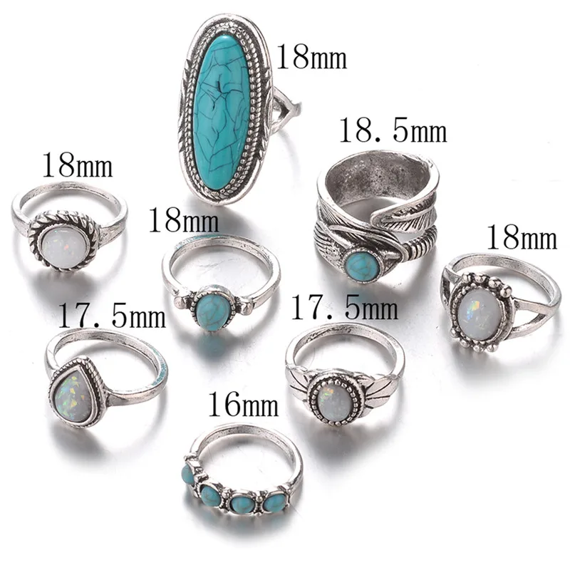 Fashion Bohemia Midi Rings Sets For Women Retro Antique Silver Color Opals Turquoises Knuckle Ring Bagues Femme | Украшения и
