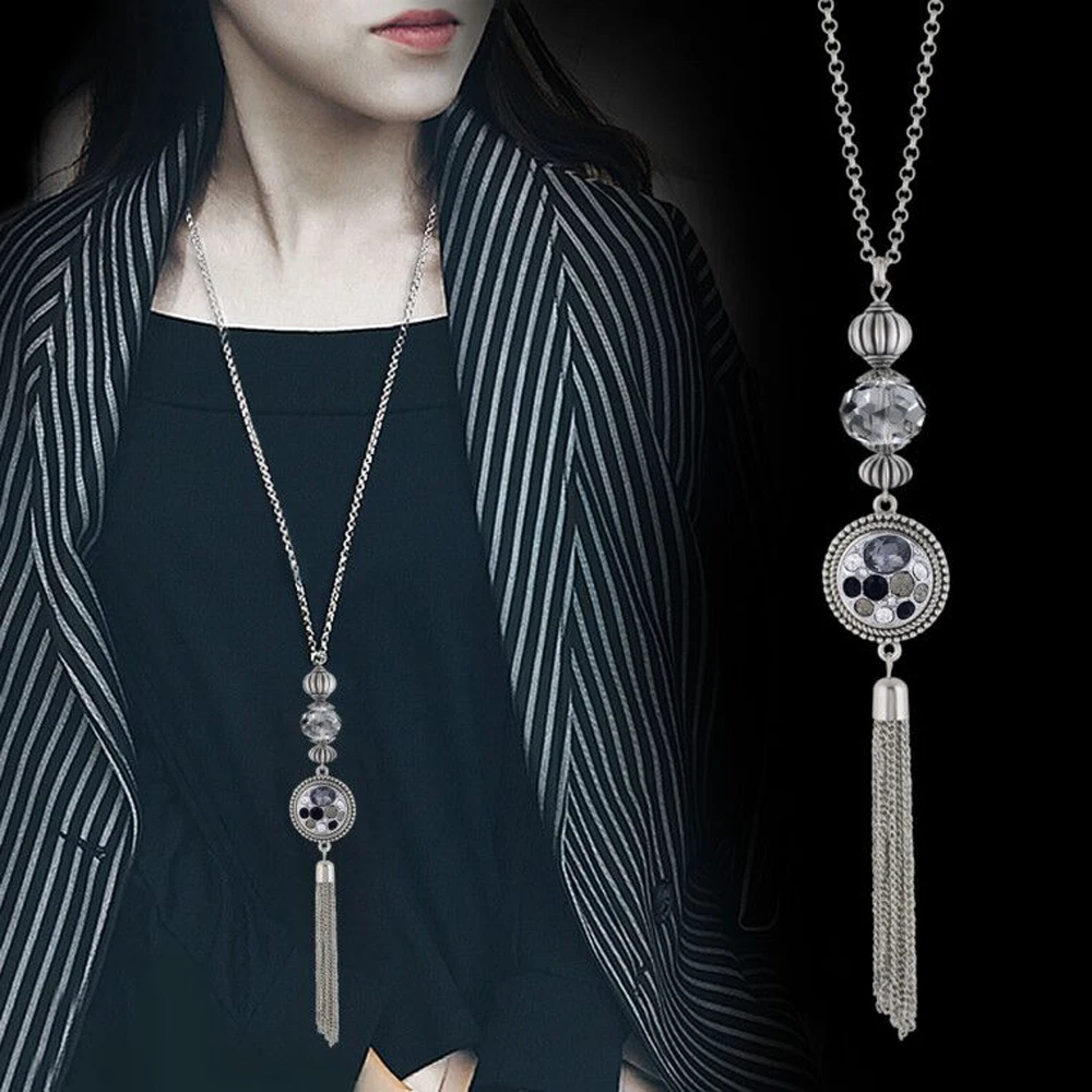 Collares de moda, колье с кисточкой, длинное ожерелье, серебряное покрытие, подвеска, ожерелье s для женщин, подходит для девушек, 18 мм, кнопка, ювелирное изделие